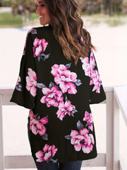 Floral Print V Neck Cover Up Shirts Long Sleeves Loose Fit