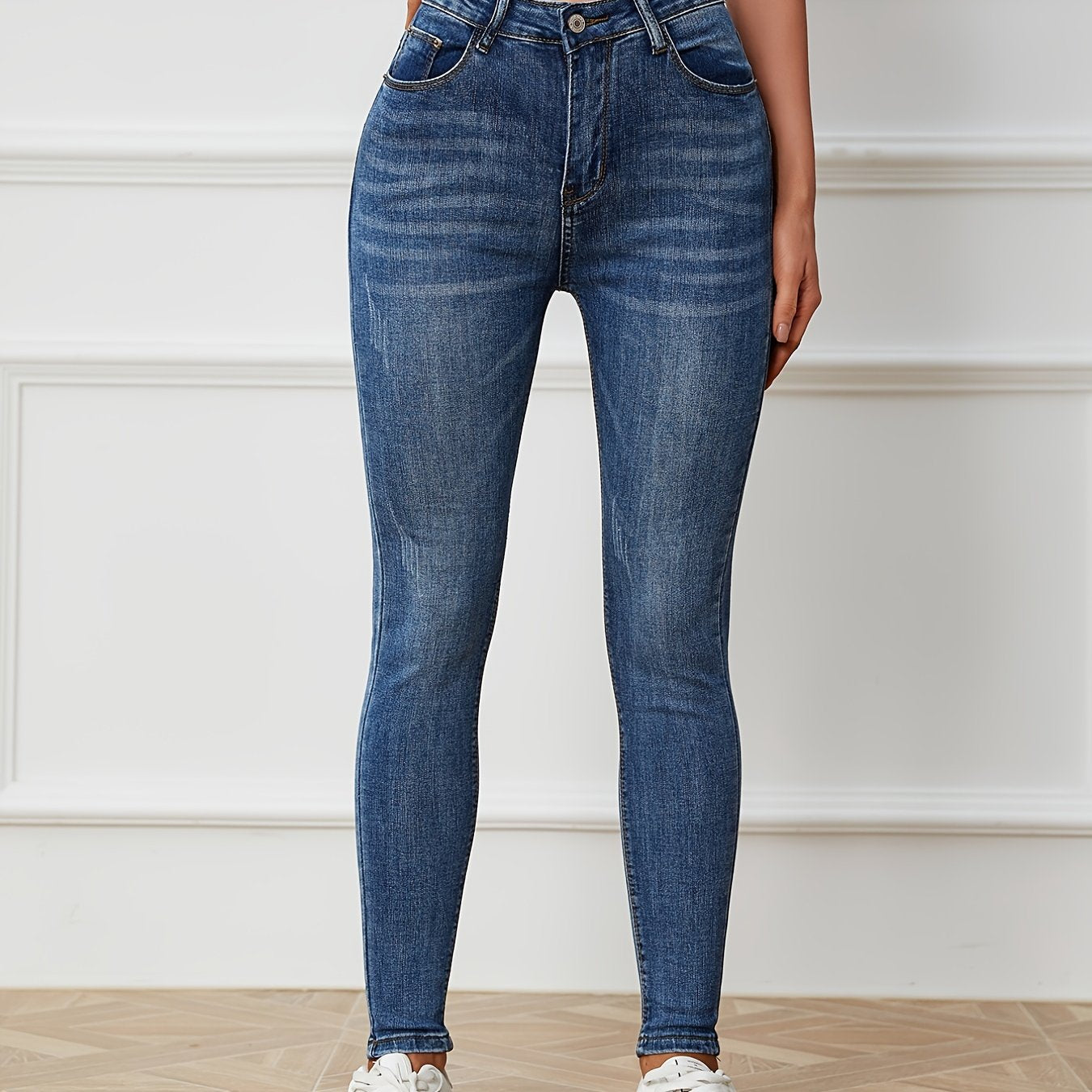 High Rise Water Ripple Skinny Jeans High Waist Zipper Button Closure