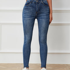 High Rise Water Ripple Skinny Jeans High Waist Zipper Button Closure