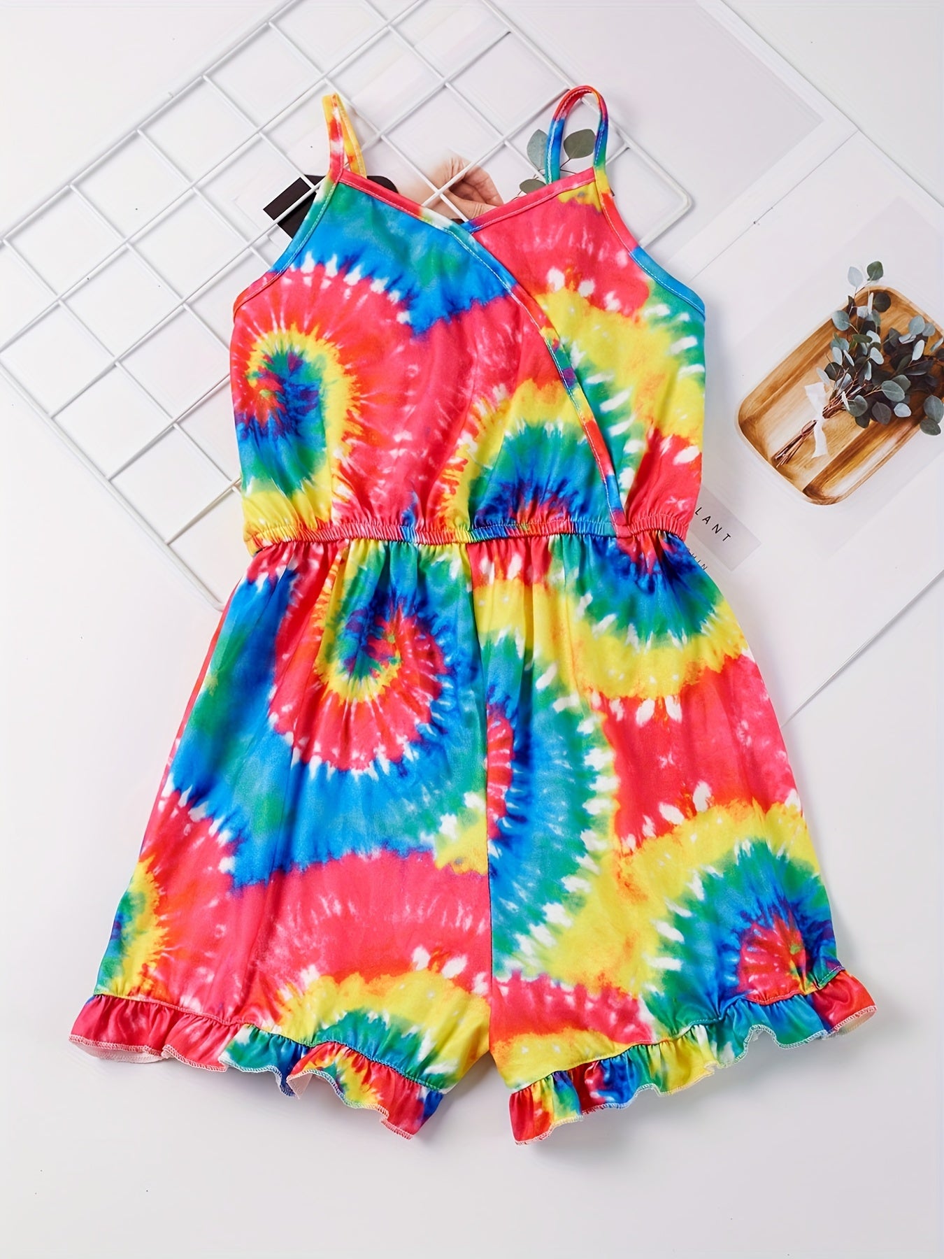 Girls Spiral Tie Dye Ruffle Trim Sleeveless Jumpsuit