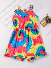 Girls Spiral Tie Dye Ruffle Trim Sleeveless Jumpsuit