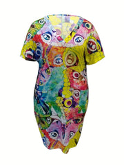 Butterfly Print Short Sleeve V Neck Dress with Pockets