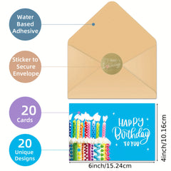 20 Happy Birthday Cards w/ Envelopes, Creative Blessings, 5x7 Inches