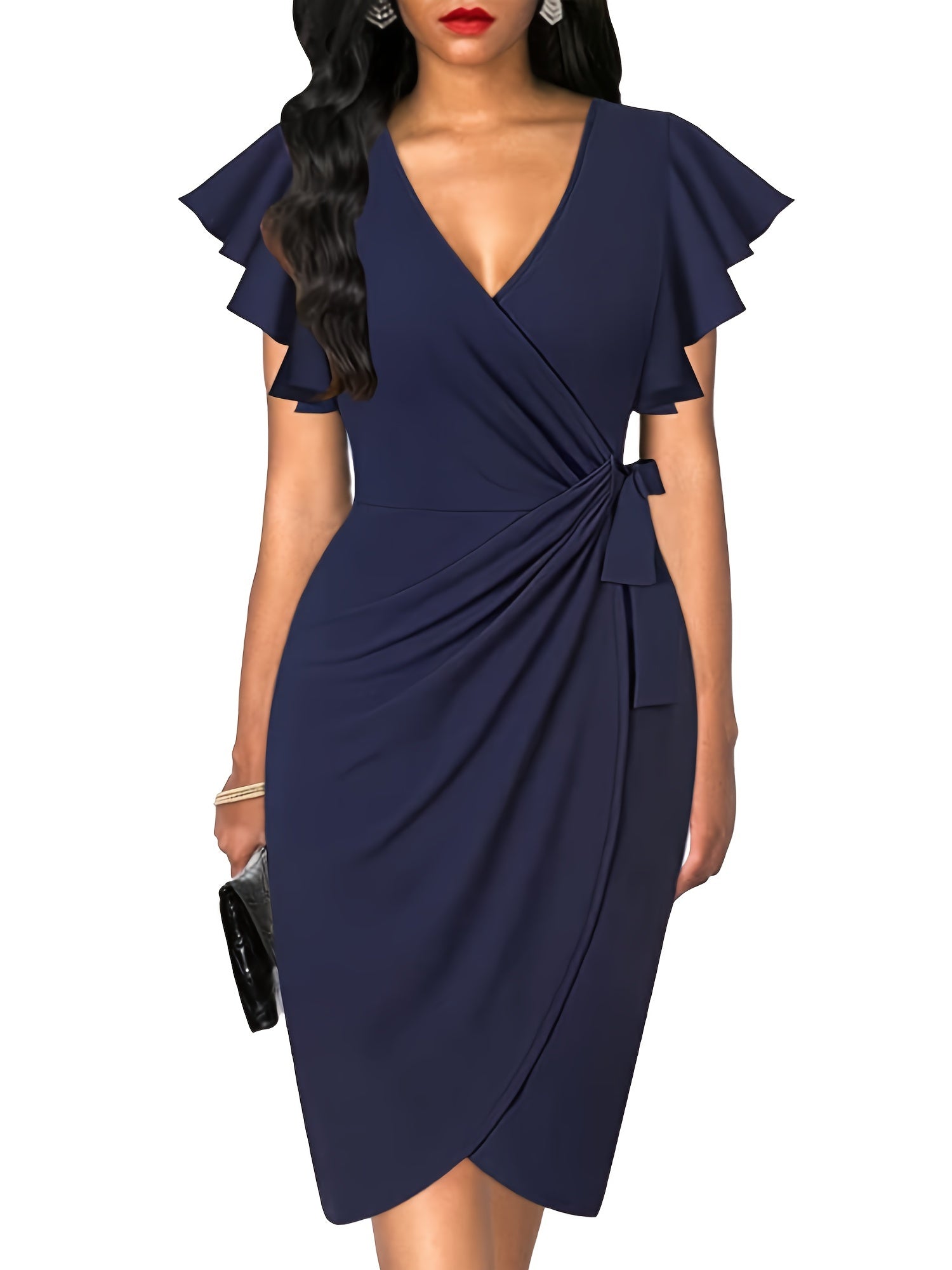 Deep V Neck Ruffle Sleeve Cocktail Dress