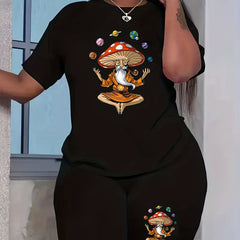 Women's Plus Mushroom Buddha Print Crew Neck Top & Shorts Set