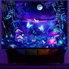Blacklight Fantasy Forest Moon Tapestry UV Reactive Butterfly Space Wall Hanging