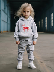 Girls Cartoon Deer Pattern Hooded Sweatshirt and Sweatpants Set
