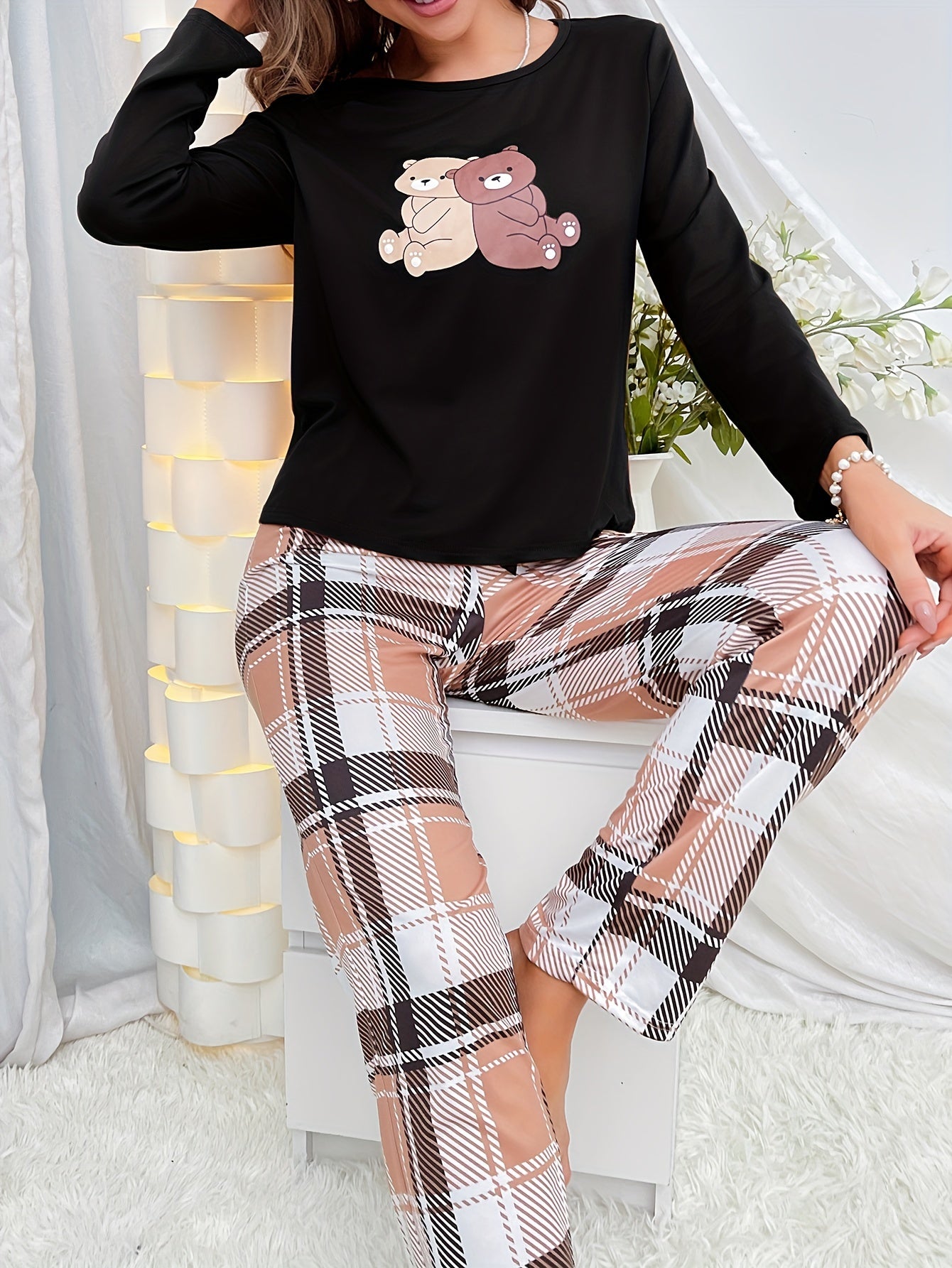 Bear Print Pajama Set Top & Plaid Pants Sleepwear