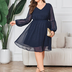 Solid Flocked Dot Lantern Sleeve V Neck Layered Dress