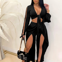 Women's Solid Two piece Set Deep V Neck Long Sleeve Crop Top & Split Pants