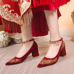 Embroidered Wedding Shoes Chunky Heel Tassel Ankle Strap Dress Shoes