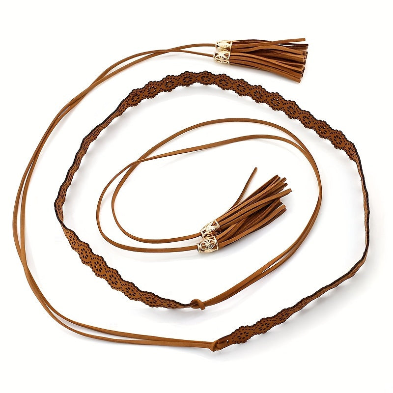 Boho Tassel Sash Belt Flower Hollow Knotted Belt Solid Waistband