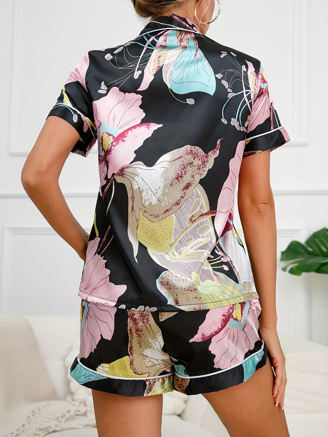 Flower Print Pajama Set Short Sleeve Button Up Top & Elastic Waistband Shorts