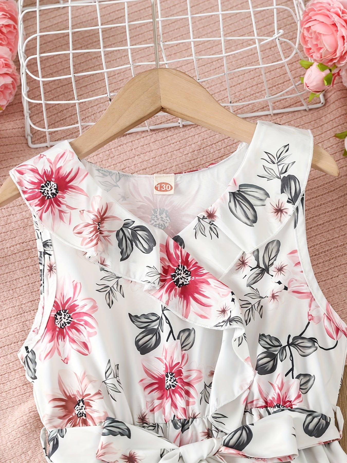 Girls Sleeveless Ruffle Trim Flowers Graphic Belted Princess Dress