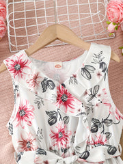 Girls Sleeveless Ruffle Trim Flowers Graphic Belted Princess Dress