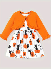 2pcs Toddler Girls Halloween Sets - Ruffle Trim Cardigan & Pumpkin Dress