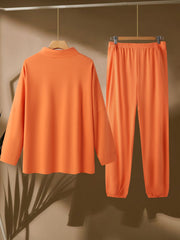 Solid Zipper Long Sleeve High Neck Top & Joggers Set