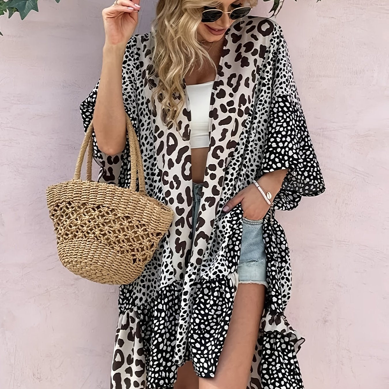 Leopard Print Cover Up Shirt Kimono Sleeve Robe