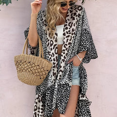 Leopard Print Cover Up Shirt Kimono Sleeve Robe