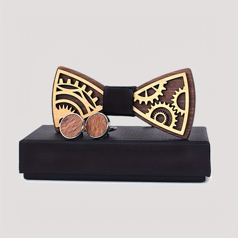 Steampunk Gear Wooden Bow Tie & Cufflinks Set for Party Wedding