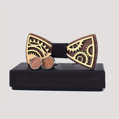 Steampunk Gear Wooden Bow Tie & Cufflinks Set for Party Wedding