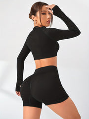 Yoga Workout Set Long Sleeve Top & High Waist Running Shorts Women's Activewear