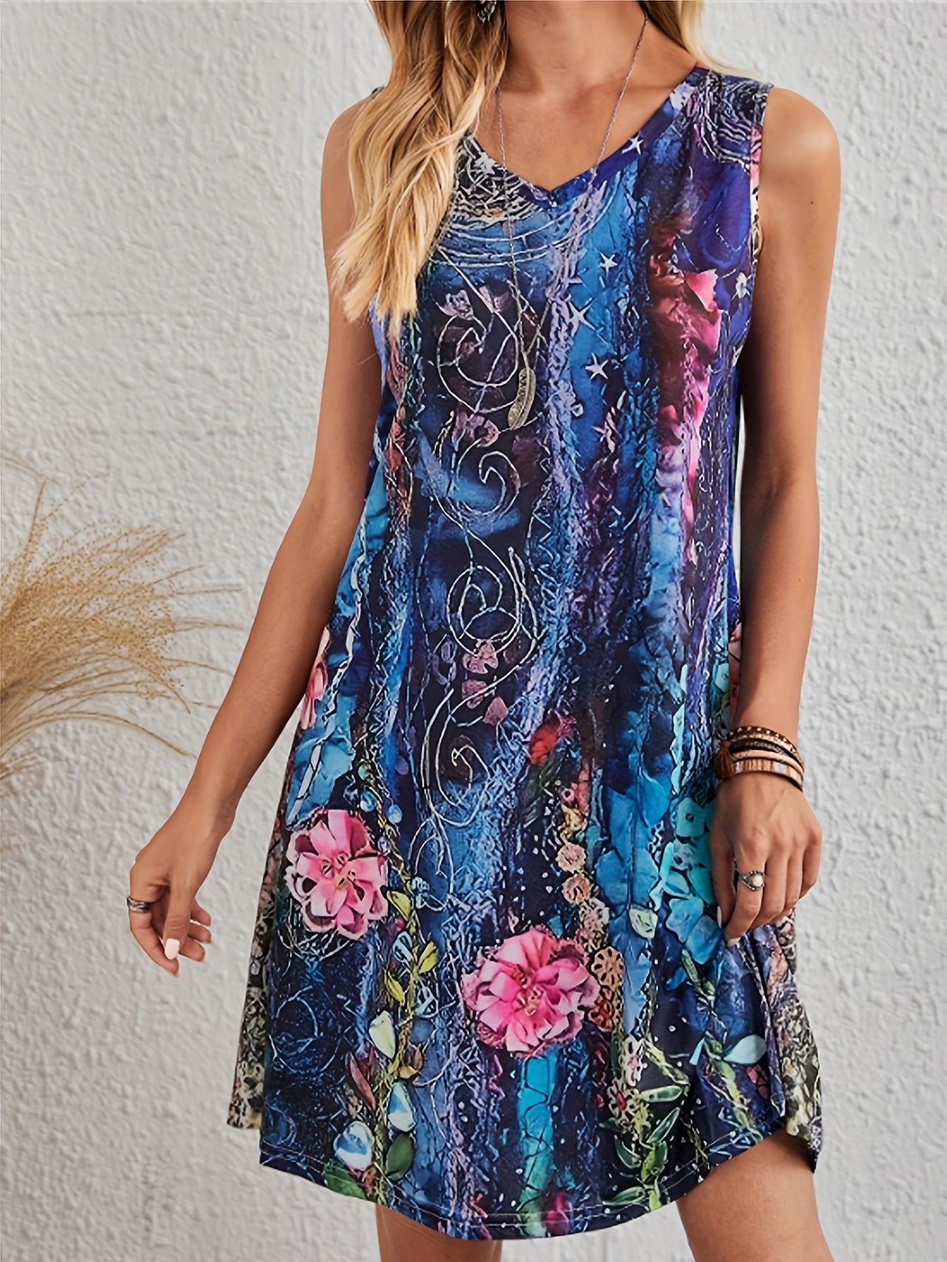 Floral Print V Neck Tank Dress