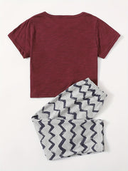 Boys' Dino Print 2pcs Cotton T-shirt & Wave Pants Set Summer Outfit