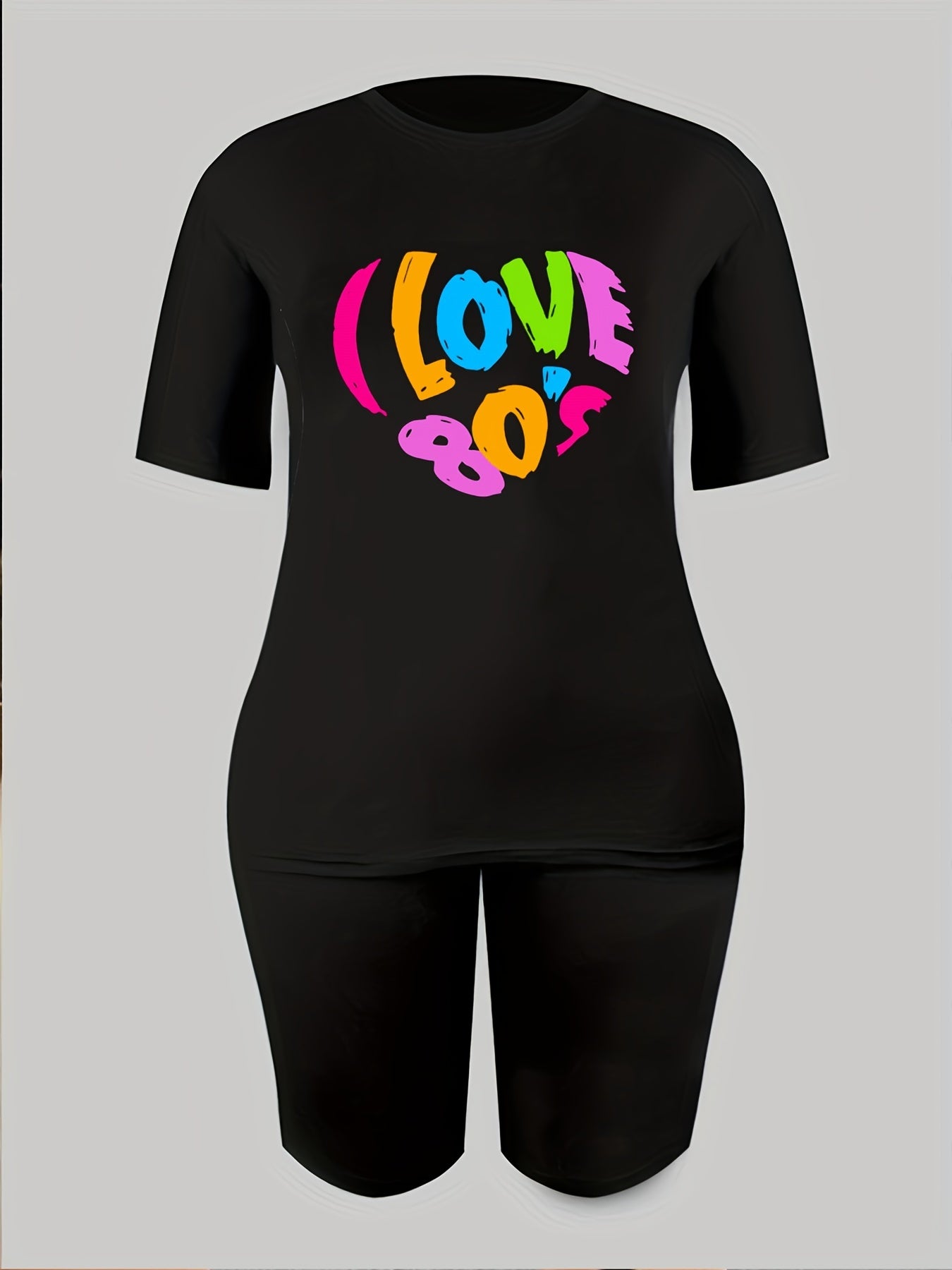 2pcs Letter Graphic T shirts & Solid Shorts Women's Activewear
