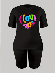 2pcs Letter Graphic T shirts & Solid Shorts Women's Activewear