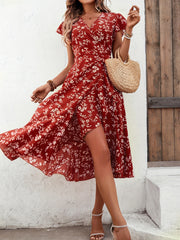 Floral Print V Neck Slim Dress Casual for Spring & Fall