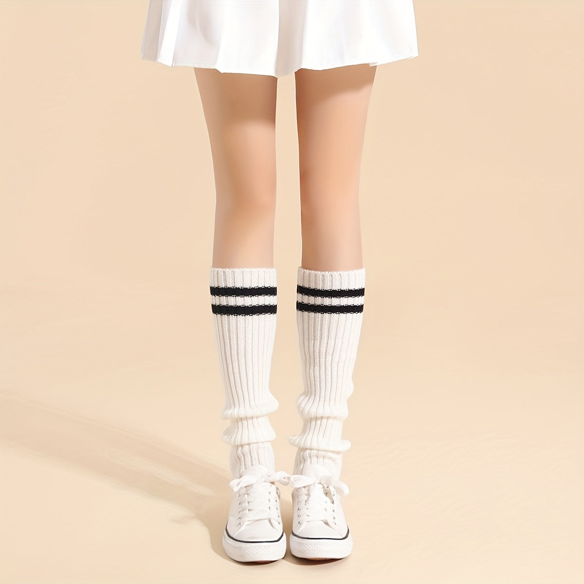 Striped Rib Knit Leg Warmers Knee High Socks Women's Stockings