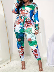 2 Piece Chain Print Polo Neck Blouse & Pants Set