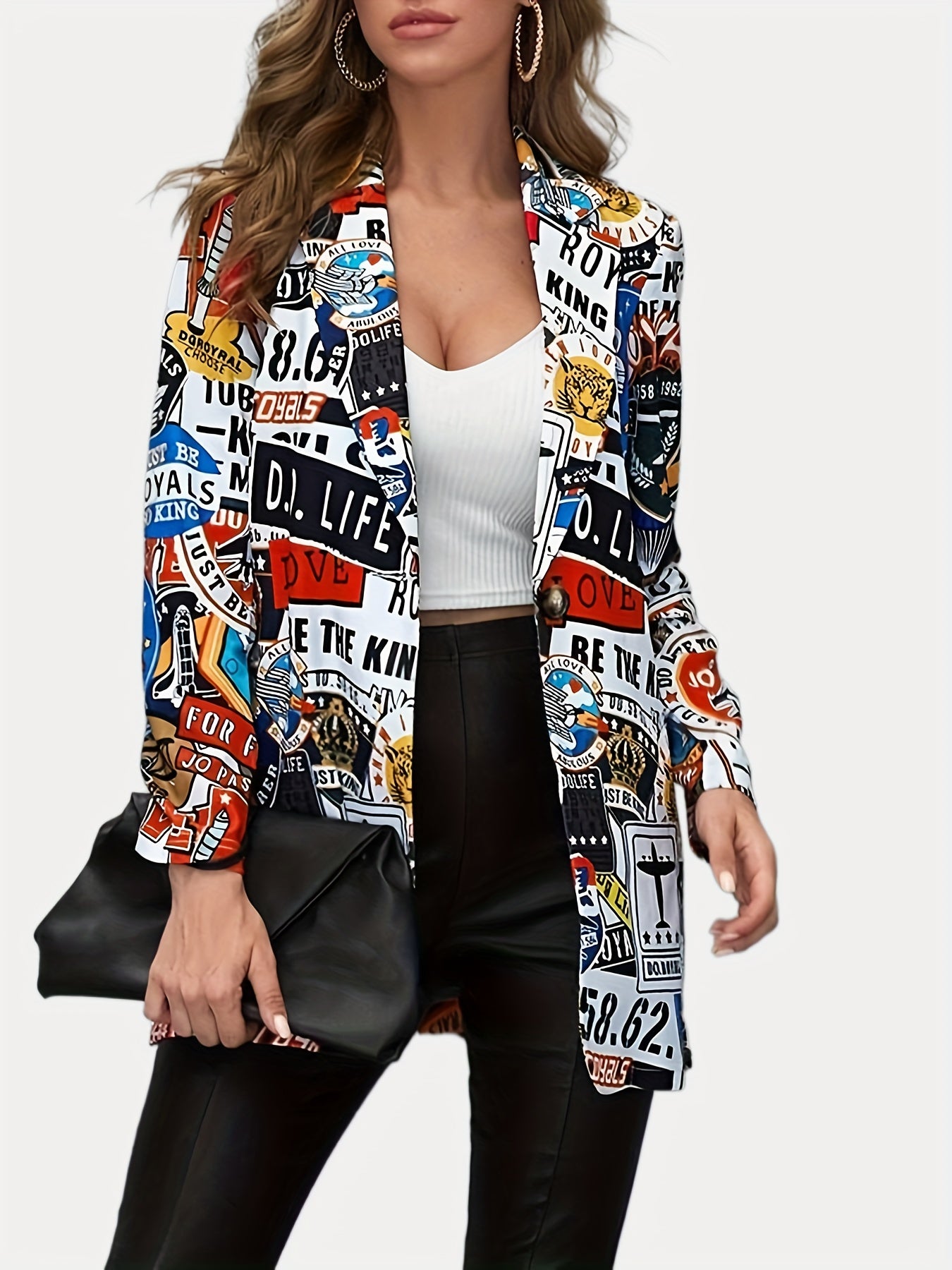 Funny Graphic Print Blazer Casual Lapel Long Sleeve Blazer