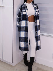 Plaid Drop Shoulder Jacket Casual Flap Pockets Long Jacket