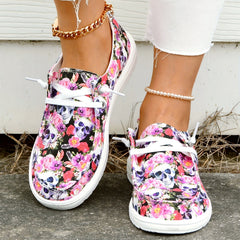 Floral & Skull Canvas Shoes Lace Up Low Top Halloween Sneakers