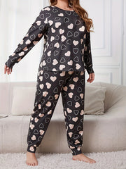 Women's Plus Heart Print Pajamas Set Long Sleeve Tee & Joggers Lounge Set