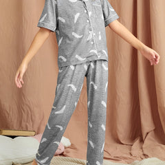 Girls Feather Graphic Pajama Set Short Sleeve Top & Pants Kids Family Outfit