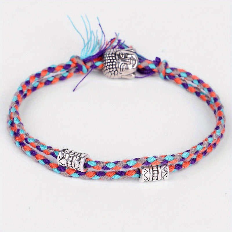 Colorful Braided Bracelet Metal Buddha Head Decor Wristband
