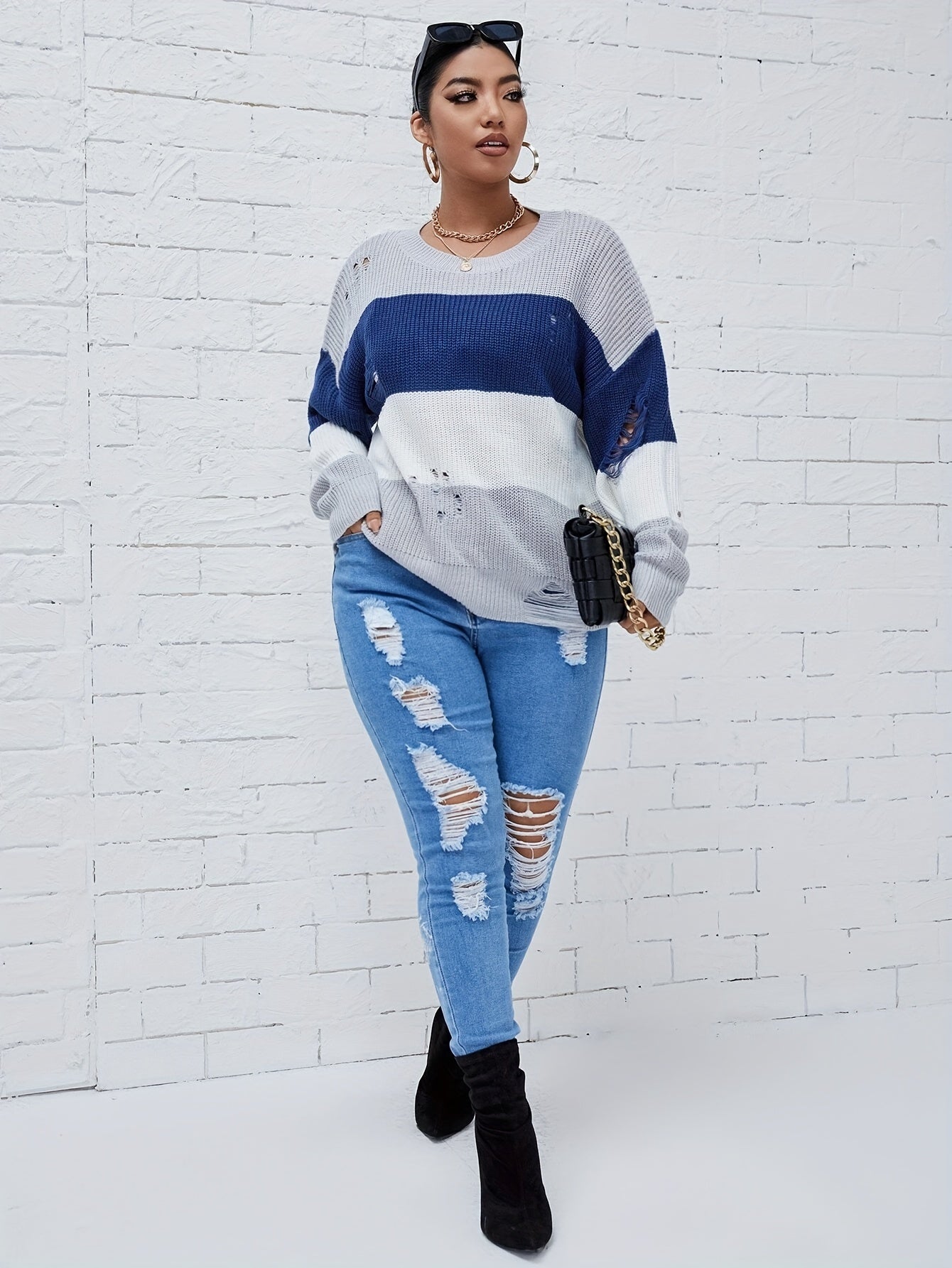 Casual Sweater Women's Plus Colorblock Ripped Drop Shoulder Sweater