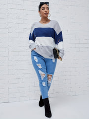 Casual Sweater Women's Plus Colorblock Ripped Drop Shoulder Sweater