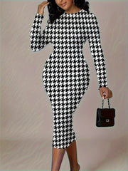 Houndstooth Print Bodycon Midi Dress