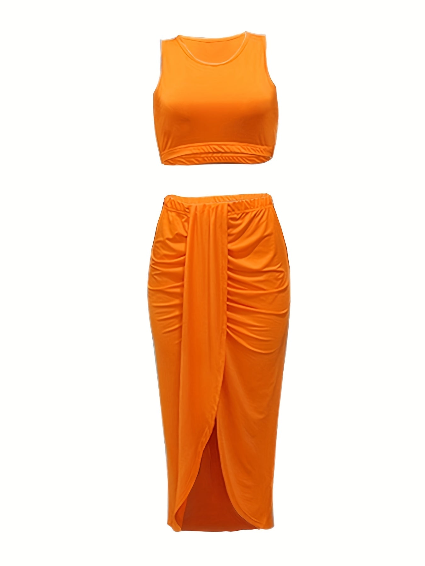 Casual Two-piece Set Crop Top & Ruched Split Skirt