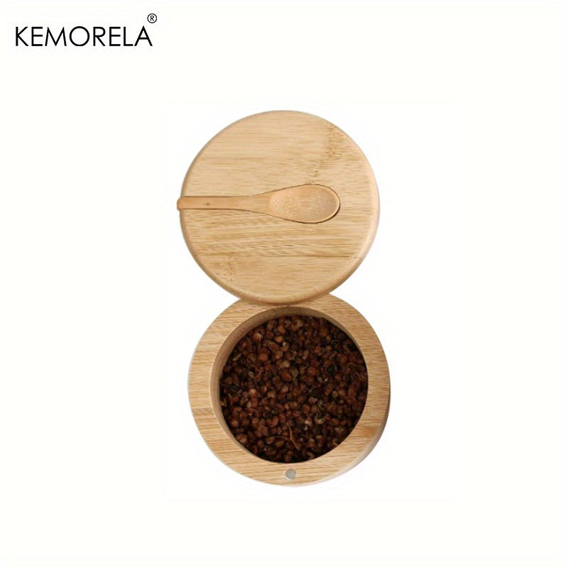 Rotating Bamboo Seasoning Box with Spoon for Spices Sugar Salt Kitchen Gadget