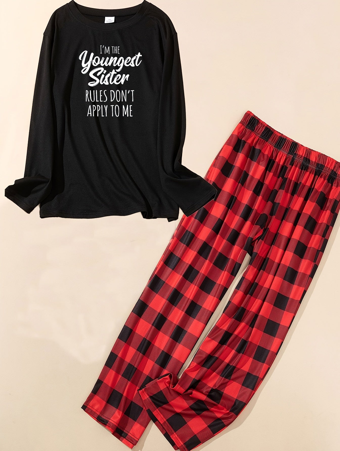 Women's Plus Slogan Print Tee & Plaid Pants Pajamas Set