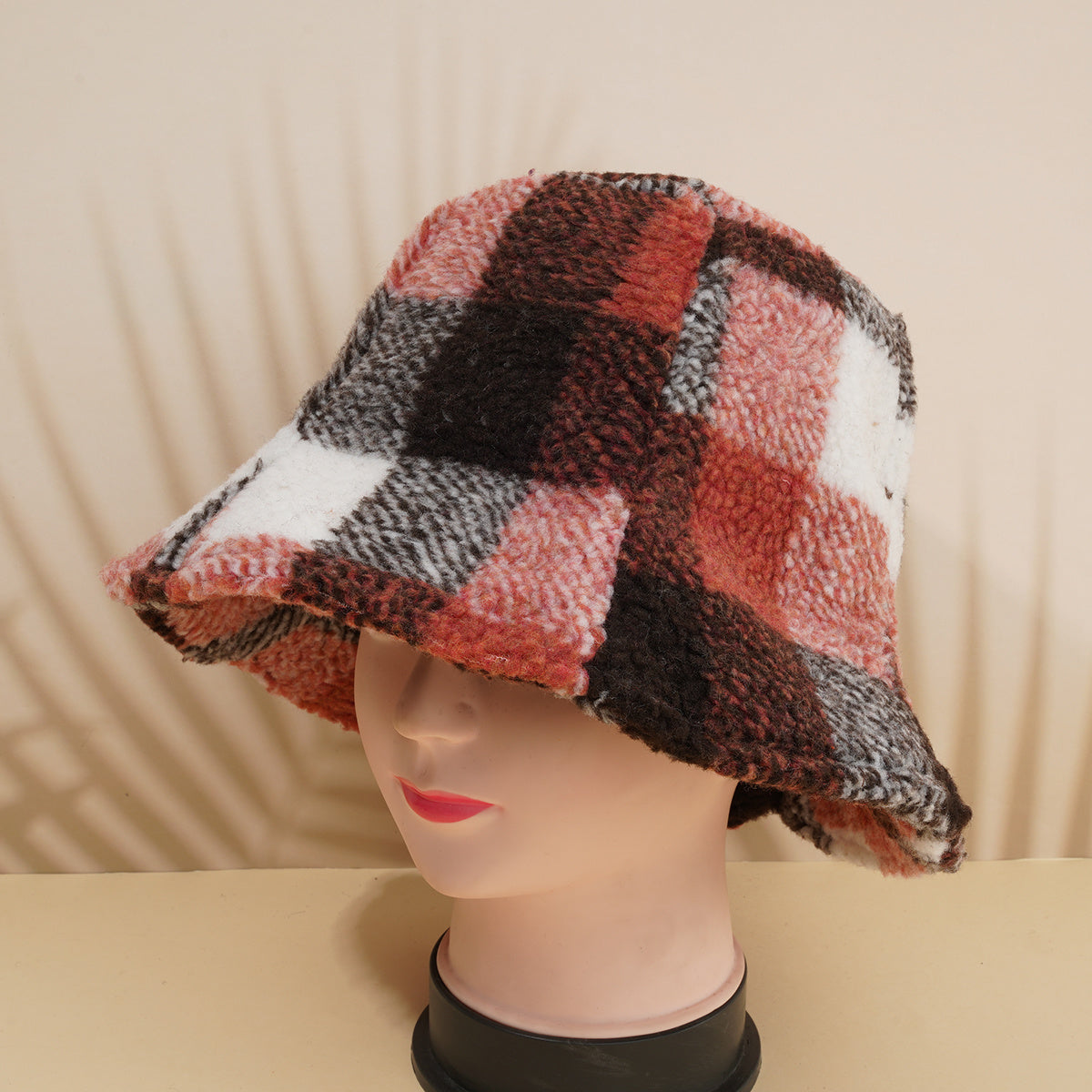 Women Lamb Wool Bucket Hat Plaid Fisherman Hat