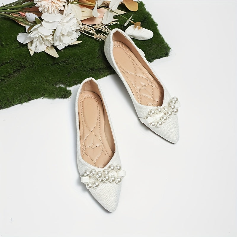 Women's Pointed Toe Flat Shoes with Faux Pearl Bowknot