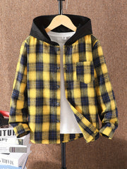 Boys Plaid Hooded Shirts Long Sleeve Button Down Hoodie Tops