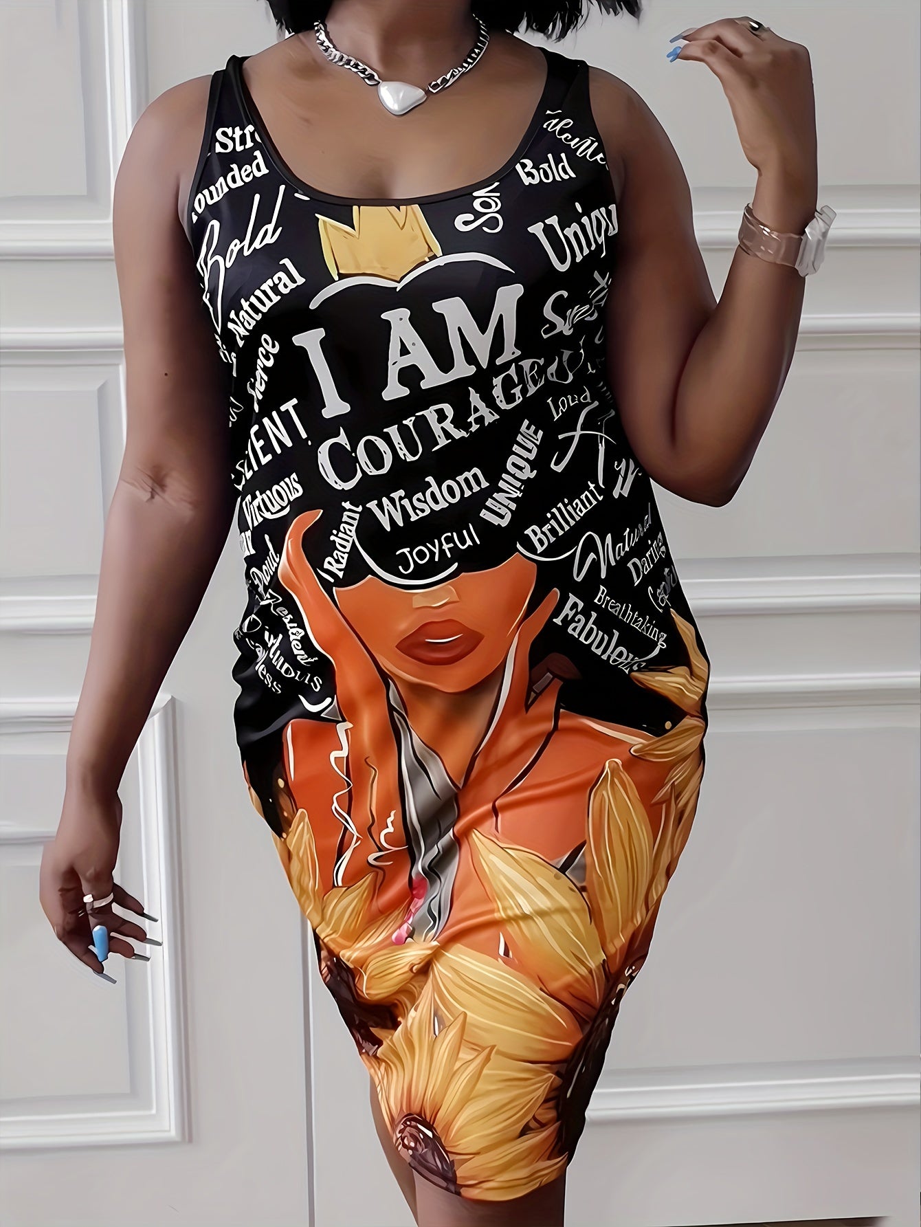 Casual Tank Dress Women's Printed Scoop Neck Slim Fit Tank Dress