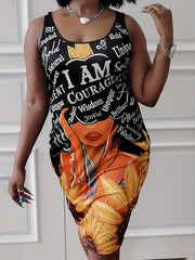 Casual Tank Dress Women's Printed Scoop Neck Slim Fit Tank Dress